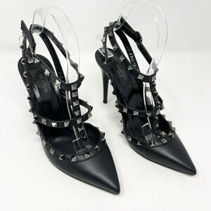 Valentino Garavani Rockstud Noir T-Strap Cage Black Leather Pumps Size 38 EU